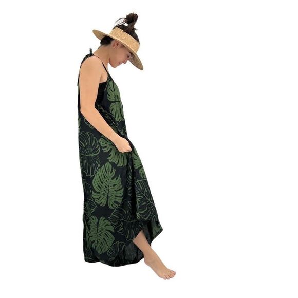 Pōʻalima Black Green Monstera Tropical Boho Wide Leg Beach Romper - Picture 14 of 15